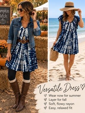 Y.O.A Blue Tie Dye Boho Dress One Size Rayon Flowy Flutter Sleeve